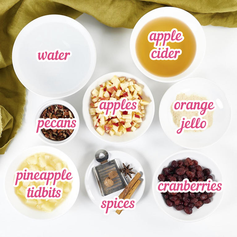 Gathered ingredients for apple cider jello salad.