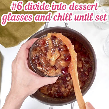 Spooning jello salad into dessert glasses.