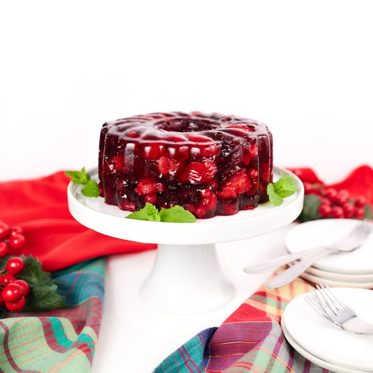 Molded black cherry and berry fruit salad.