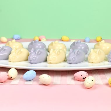 Easter bunny jello mold jigglers in pastel colors.