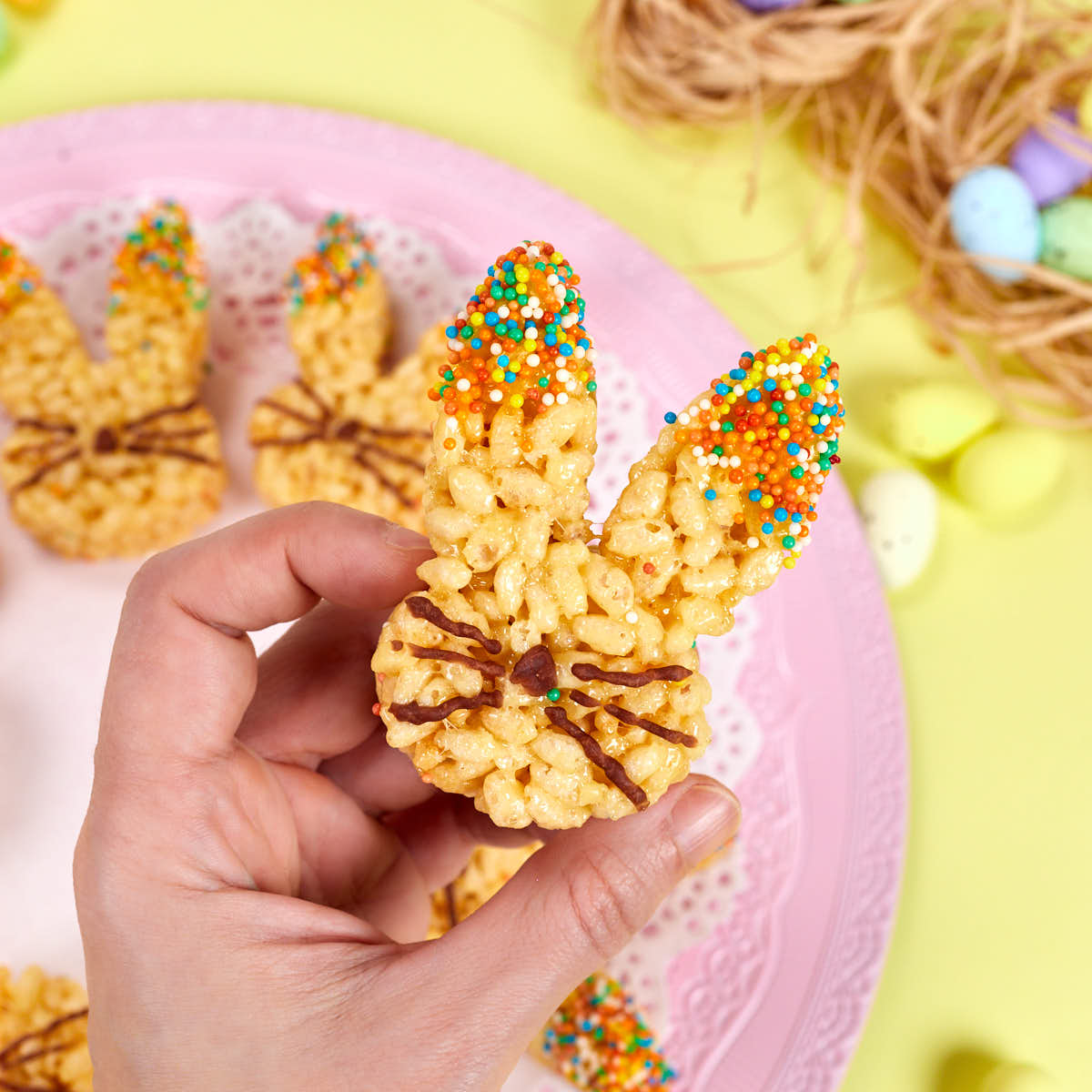Cute bunny rice crispy treat with cookie icing whiskers.