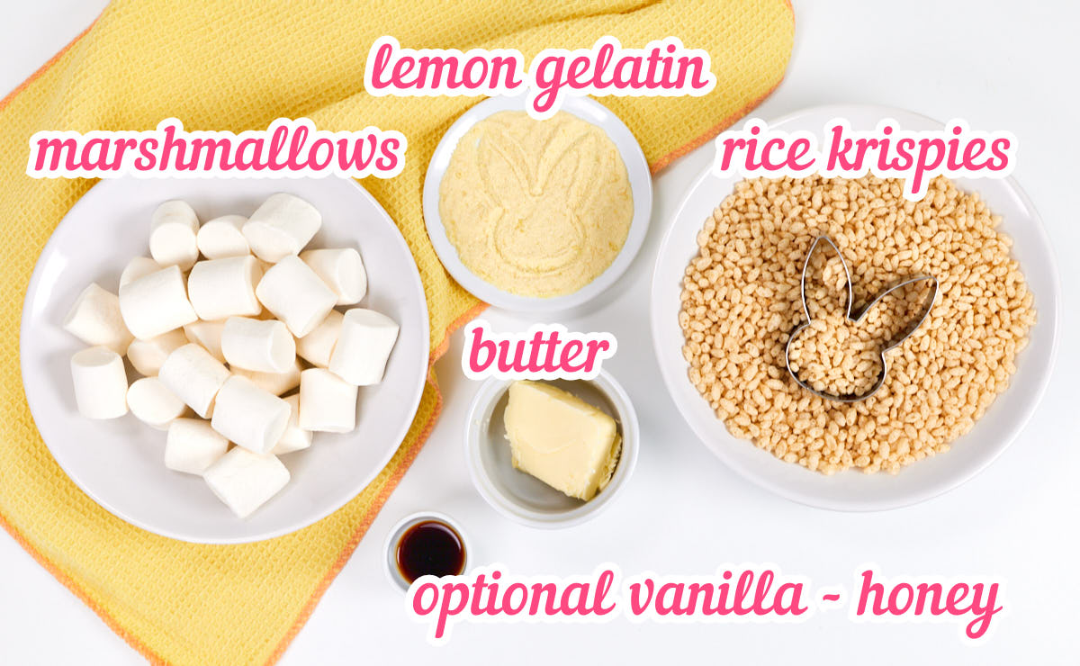 Ingredients to make bunny-shaped rice krispies treats.