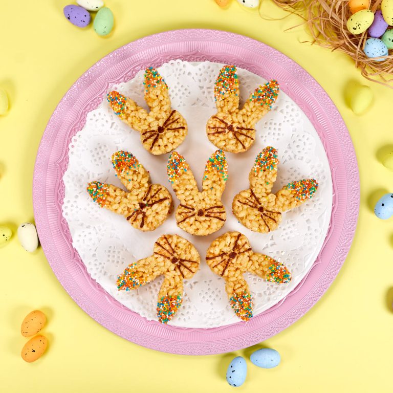 Bunny shaped rice krispies treats with sprinkles.