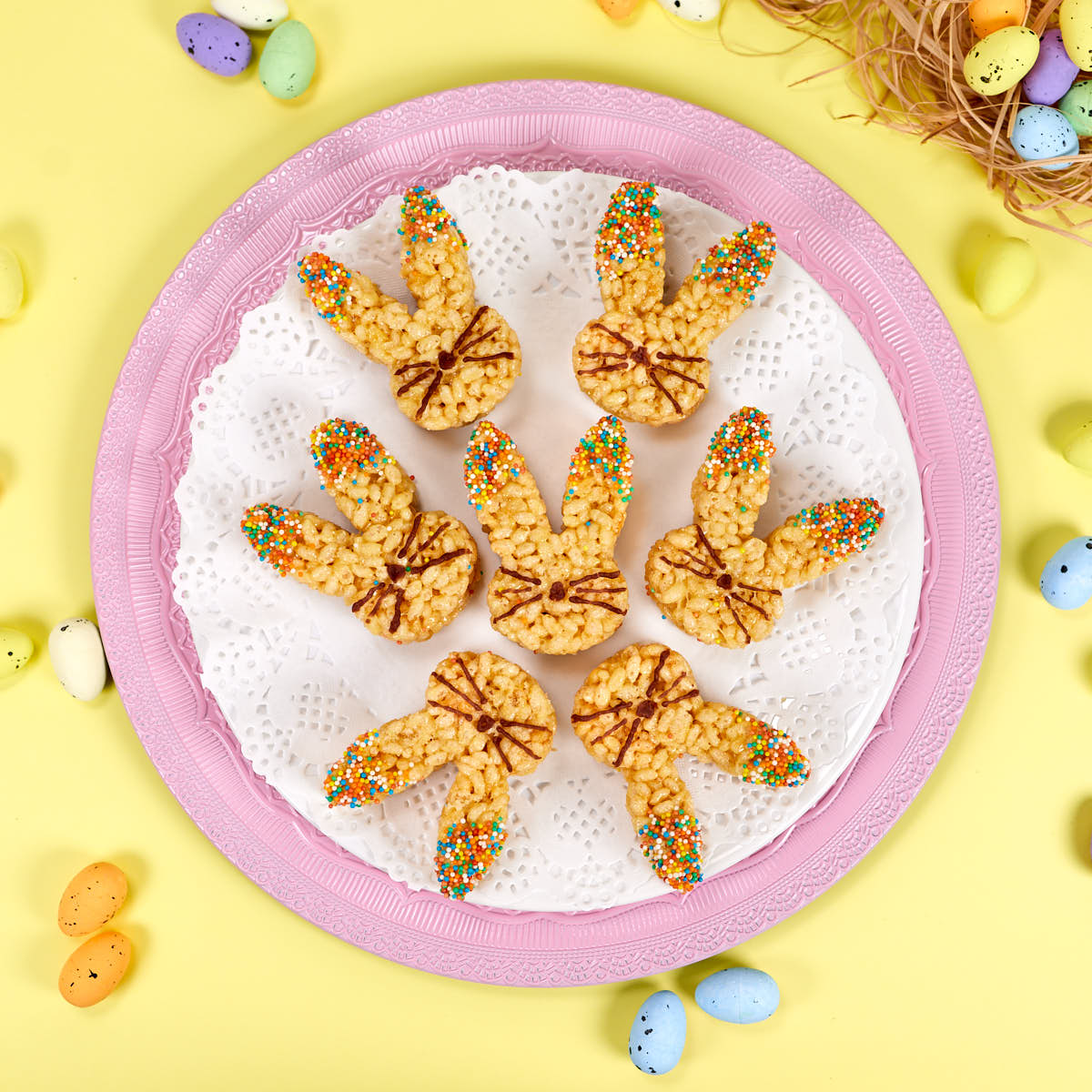 Bunny shaped rice krispies treats with sprinkles.