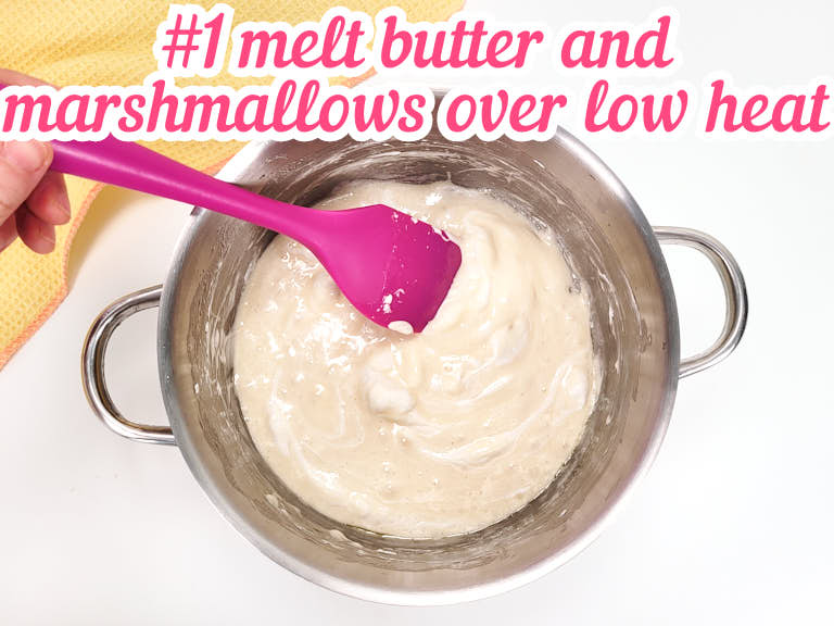 Melting butter and marshmallows mixing over low heat.