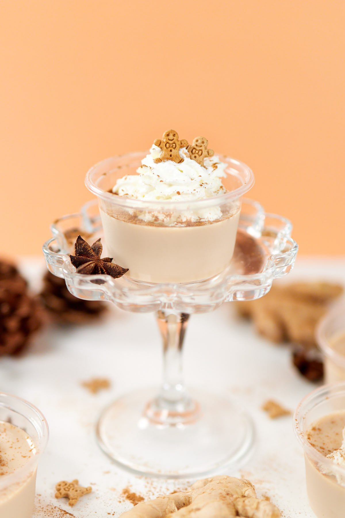 Fireball jello shots with gingerbread cookies and whipped cream.