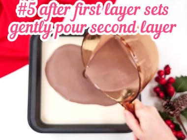 Pouring chocolate gelatin on top of first layer.