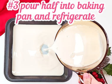 Pouring gelatin in cake pan.