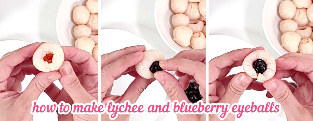 Collage of photos, empty lychee, stuffing it with blueberry, and the lychee eyeball ready.