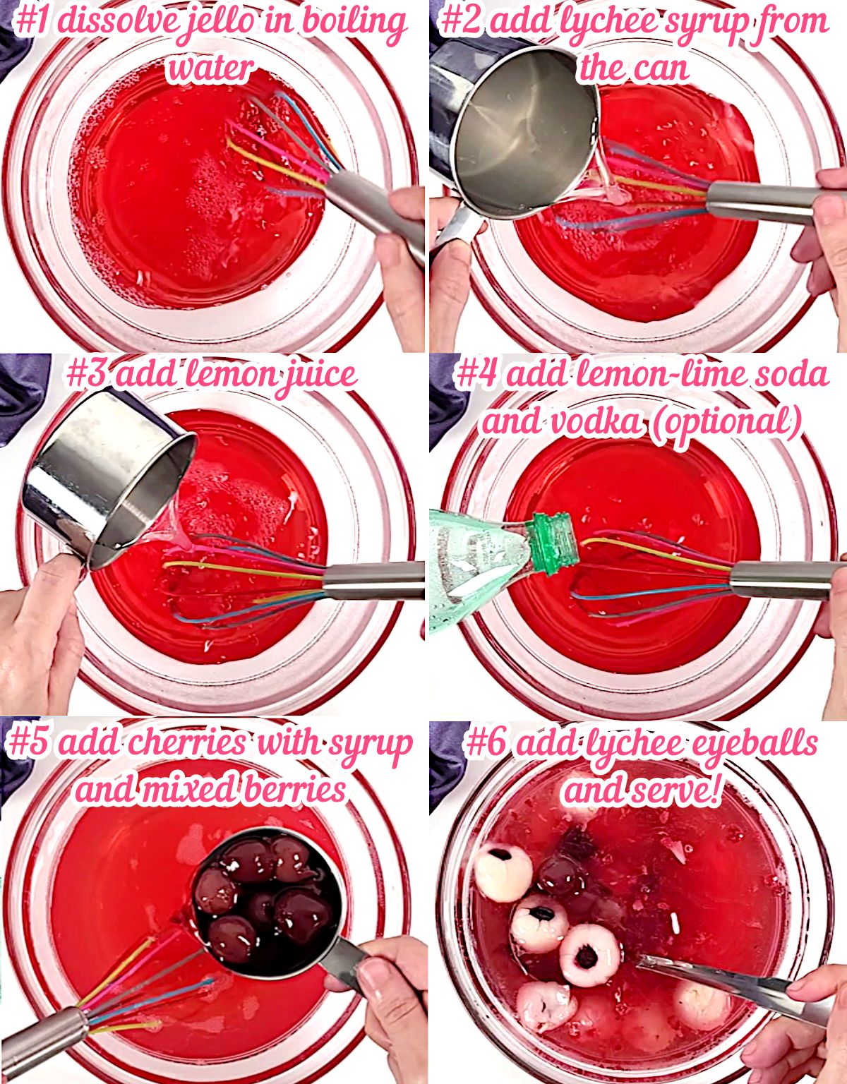 Labeled collage of recipe steps, dissolving the jello, adding lychee syrup, lemon juice, Sprite, fruit, and the punch ready to serve.