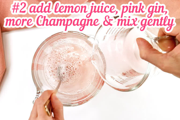 Adding lemon juice, pink gin, more Champagne and mixing.