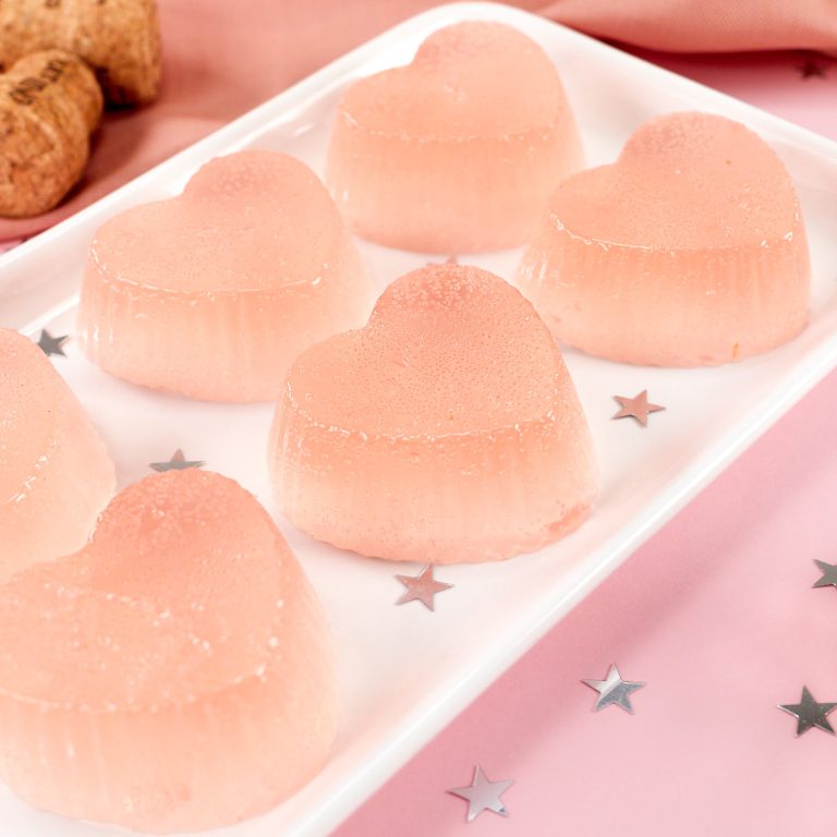 Pink Champagne French 75 jello jigglers shaped like hearts.