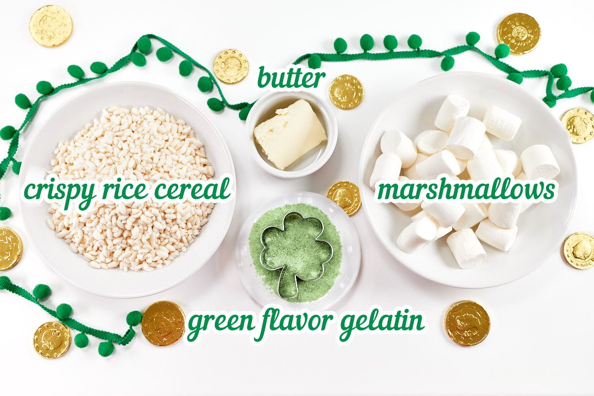 Gathered ingredients for Saint Patrick's Day shamrock rice krispies treats.