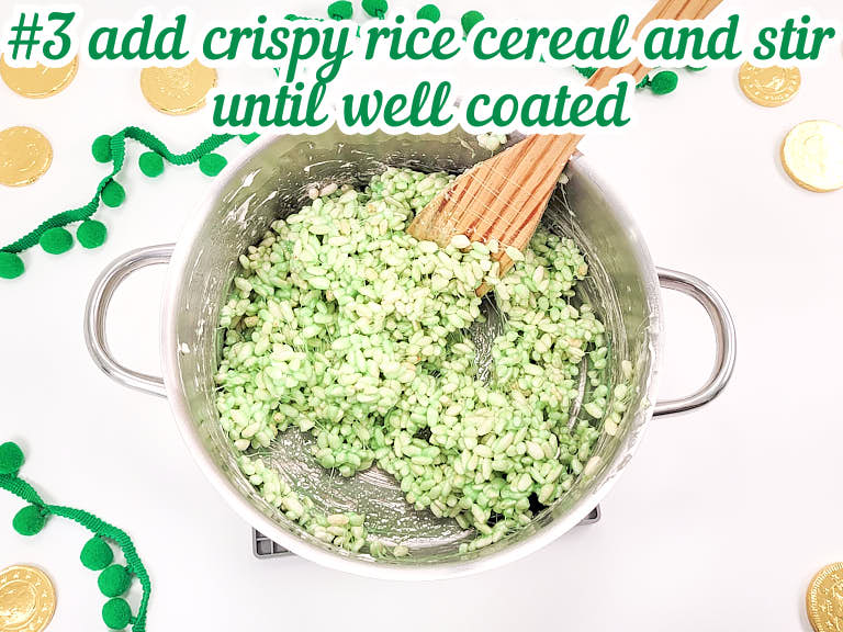 Adding rice krispies cereal and stirring until fully coated.