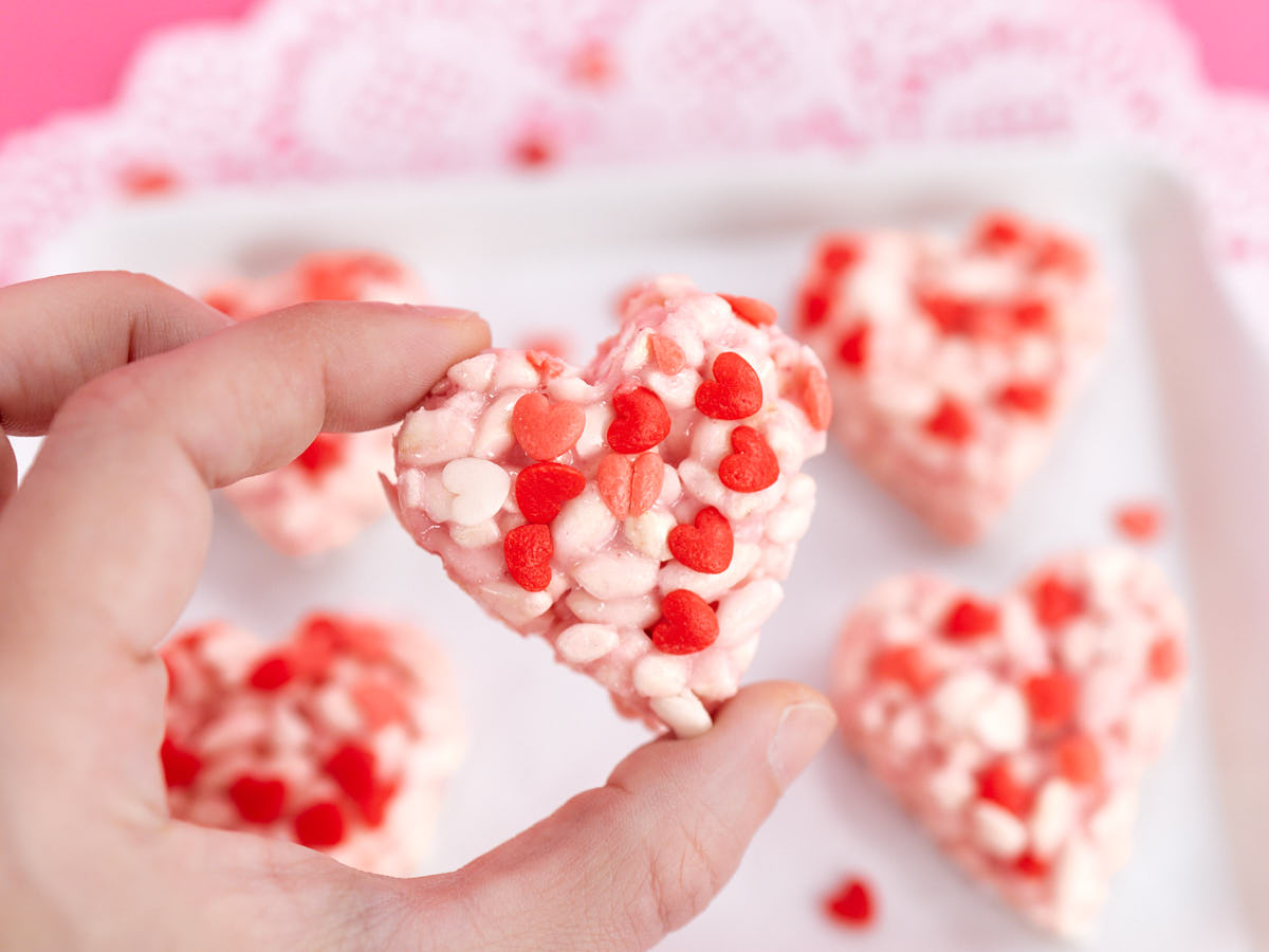 Heart shaped homemade pink rice krispies treats.