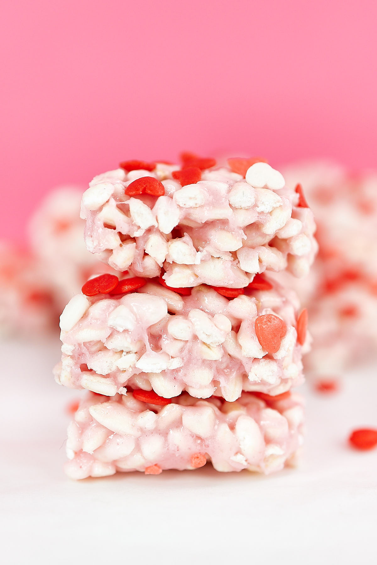 Stacked up Valentine's Day rice krispies treats.