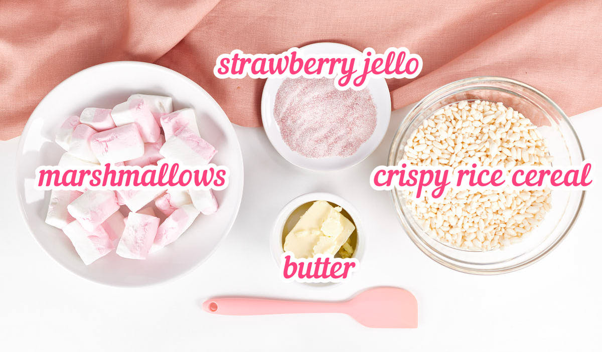 Gathered ingredients for Valentine's day rice krispies cut-out treats.
