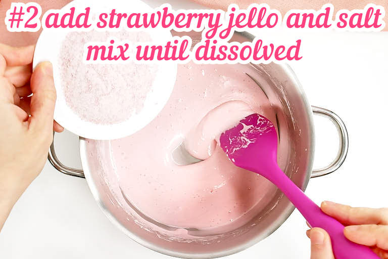 Adding strawberry jello and salt and mixing.